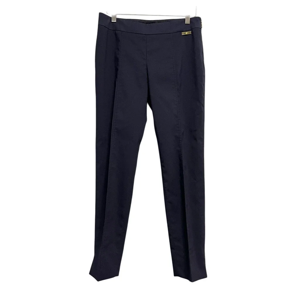 Tory Burch Trousers Pants‎ Women 2 Navy Blue Side Zip Gold Logo Stretch Preppy